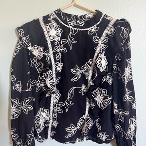 Ultra Pink Black and Blue Ruffled Bib Collar Blouse